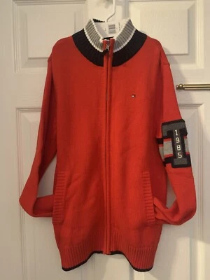 NEW NWT Tommy Hilfiger Boys Kid Zip Up Letterman Sweater L/G 12-14 Red/Blue/Gray - Image 1 of 4
