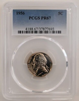 ONE OF PR67 1956 JEFFERSON NICKEL PCGS GRADED US 5C PROOF P-MINT EXACT COIN - Image 1 of 4