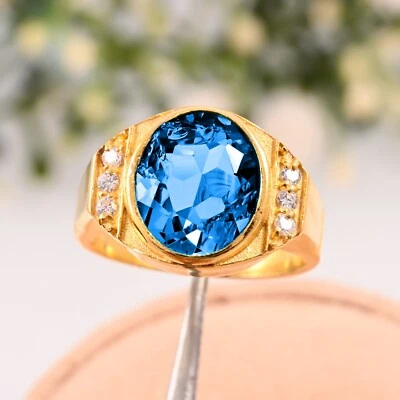 Excelente Anillo Natural Suizo Topacio Azul Plata 925 Oro Amarillo Peludo Anillo Para Hombre Foto 1 de 3