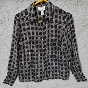 Talbots Petites Pure Silk Black & White Square Button up Shirt Size 10 - Picture 1 of 7