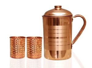 Plain Copper Water Jug Pitcher Pot With 2 Hammered Glass Ayurveda Health Benefit