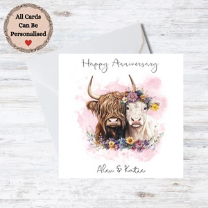Handmade Personalised Anniversary Card - Highland Cow Customisable Name - Picture 1 of 1