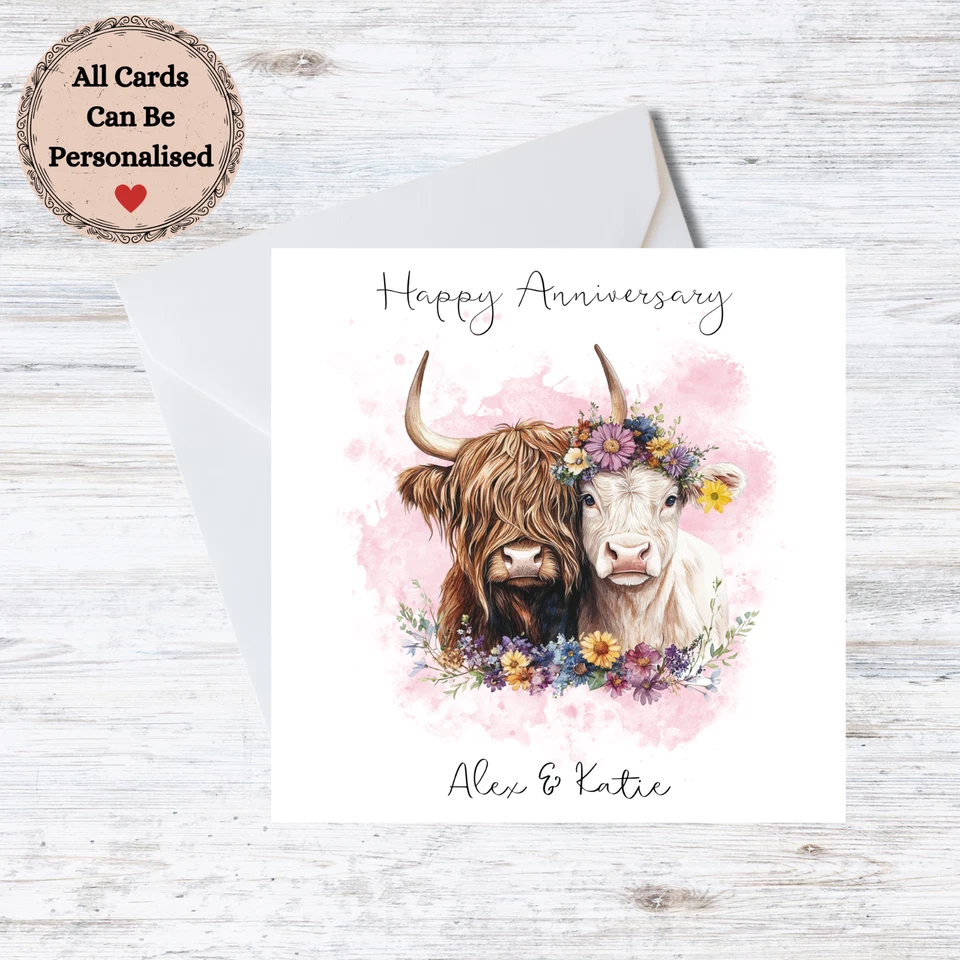 Handmade Personalised Anniversary Card - Highland Cow Customisable Name - Image 1 of 1