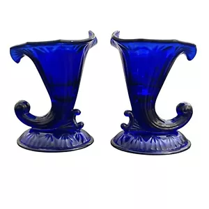 Vintage Pair of Fenton Cobalt Blue Glass Cornucopia Candle Holders Candlestick - Picture 1 of 12