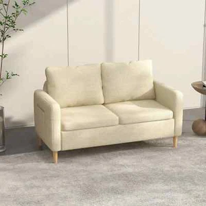 HOMCOM 2 Seater Sofa Modern Fabric Couch with Wood Legs and 2 Pockets Beige - Picture 1 of 7