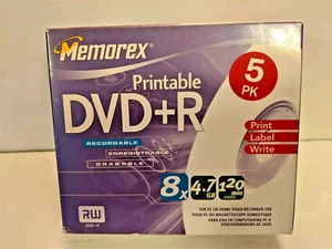 5 x MEMOREX Printable DVD+R 8 X 4.7 GB 120Min with Case Brand New Made in Taiwan - Picture 1 of 3