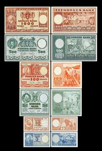 2x 5, 10, 50, 100, 500, 1.000 Kroner - Ausgabe 1948 - 1976 - Reproduktion - 04 - Bild 1 von 9