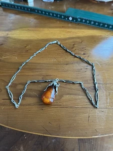 Sterling Silver 925 Chain Necklace with Amber Pendant Vintage - Picture 1 of 8