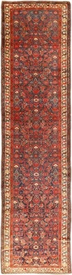 Alfombra de corredor oriental tejida a mano roja vintage 3'4" X 13'4" e23766 Foto 1 de 4