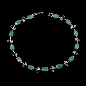 925 Sterling Silver Bracelet Oval Emerald 6x4mm Natural Gemstone Jewelry 7.5in - Picture 1 of 13