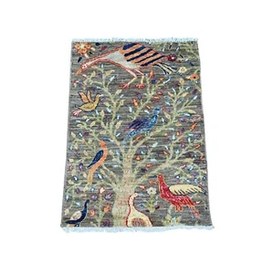 2'x2'9" Gray Afghan Peshawar Bird Design Hand Knotted Wool Mat Sample Rug R20065 - Picture 1 of 6