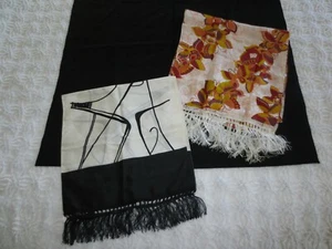 2 Vintage KANEBO Fringed GEOMETRIC & BUTTERFLIES SILK SCARVES--15 1/2" x 72" ea. - Picture 1 of 7