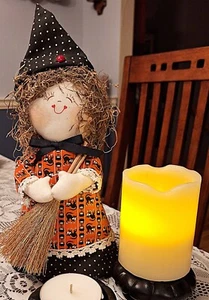 Vintage Handmade Witch Wine Bottle Topper Halloween Fabric Orange Black 11.5" - Picture 1 of 10