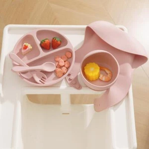 5pcs Baby Silicone Feeding Set Round Dining Plate Sucker Bowl Dishes for Kids Wa - Picture 1 of 27