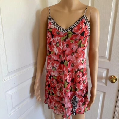 Josie Natori Poppy Multi Red Floral Zebra Cabbage Hem Fun Cute Slip Dress Size M - Image 1 of 4