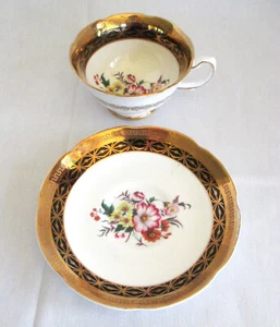 Royal Grafton 1530 Wild Flower Black & Gold Cup & Saucer Scallop Edges with Gold - Picture 1 of 16