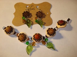 Floral Glass Cabs -Leaves Crystal Wood Buttons Bracelet n Earrings - Picture 1 of 4