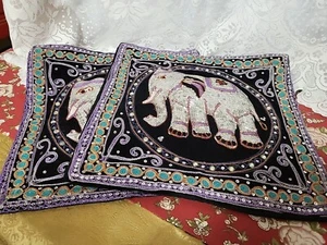Pair Of Eastern Asian Boho Ornate Satin Embroider Elephant Pillow Covers 15 X 15 - Picture 1 of 6