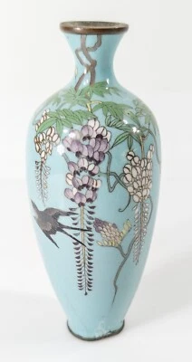 日本古董重损 Cloisonne 搪瓷花瓶带紫藤 — 第 1/4 张图片