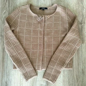 Alex Marie Sweater Cardigan L Wool Blend Flower Button Textured Brown White Grid - Picture 1 of 4