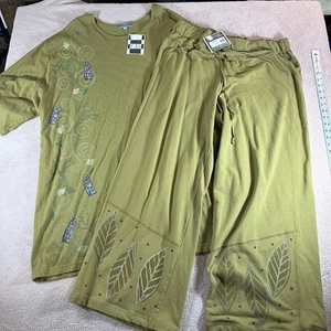 Blue Fish Damen 2 grüne T-Shirts & Hosen Vintage handbemalt Bio Baumwolle Neu mit Etikett - Bild 1 von 13