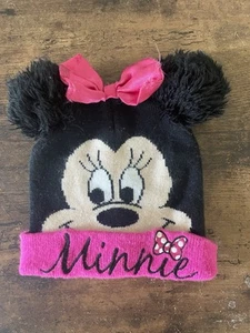Disney Toddler Girls 100% Acrylic Minnie Mouse Rib-Knit Pom Pom Hat Black Pink - Picture 1 of 7