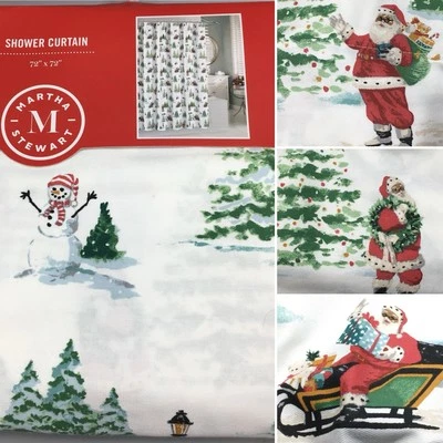 Martha Stewart Christmas Santa Claus Snowman Shower Curtain Sleigh Woods Holiday - Image 1 of 4
