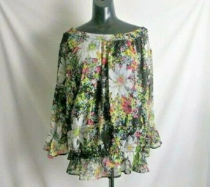 R Q T Women's Blouse L Sheer Floral w/ Black Camisole Sewn In Peasant Top Boho - Picture 1 of 7