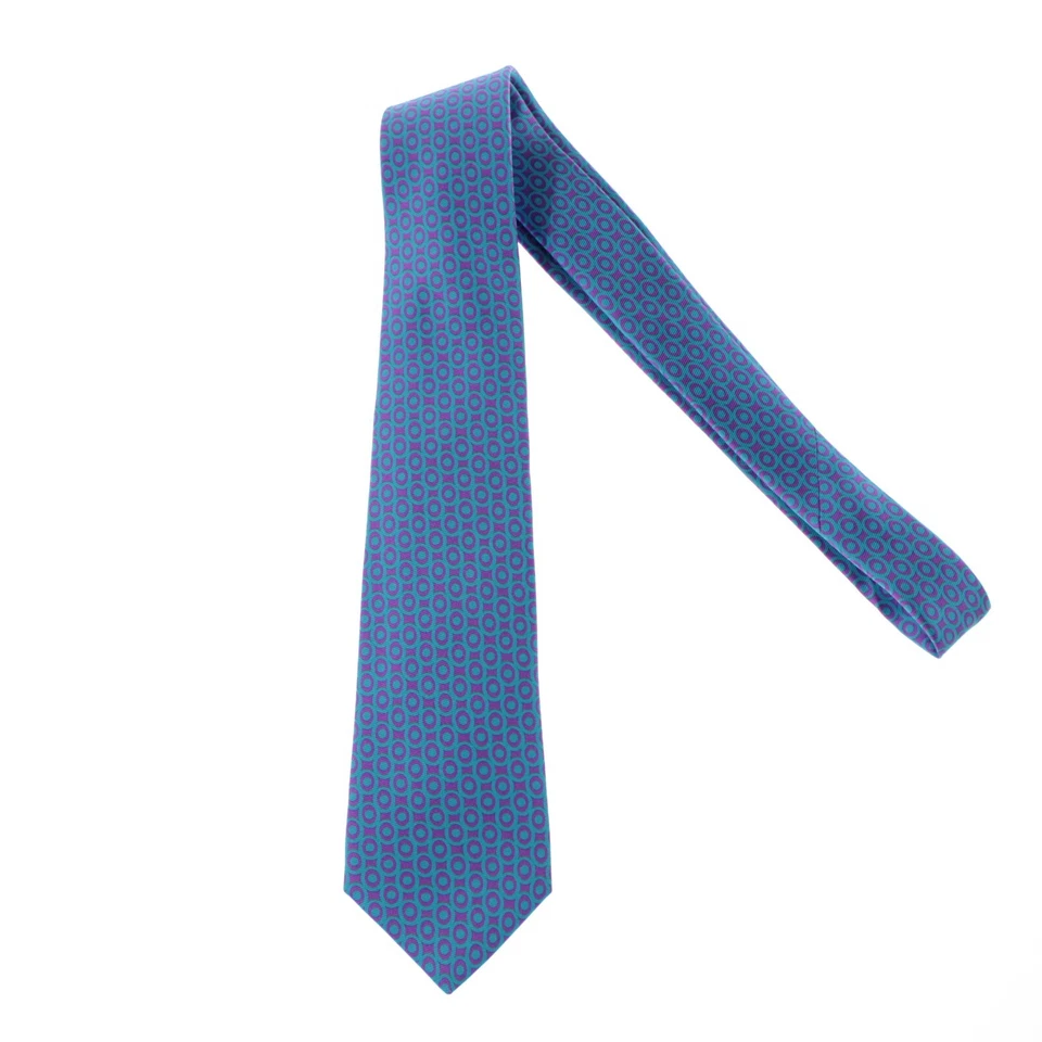 Corbata Kiton nueva sin etiquetas 100 % seda siete pliegues en azul verdoso con patrón geográfico púrpura Foto 1 de 4