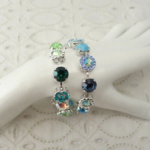 Fashion Pair of Blue Green Rhinestone Flower 8" Silver Tone Statement Bracelets - Picture 1 of 9