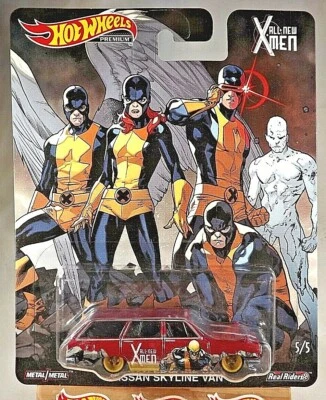 2019 Hot Wheels Premium X-Men фургон NISSAN SKYLINE красный с настоящими гонщиками желтовато-коричневый 4 спицы - Изображение 1 из 4