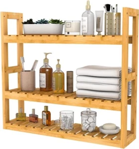Domax Bamboo Bathroom Shelf 3-Tier Wall Mount Storage Rack Multifunctional Adjus - Picture 1 of 6
