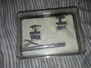Giorgio Bissoni Cuff Link and Tie Bar Clip Set Silver Tone - Picture 1 of 2
