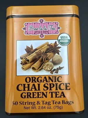 Té verde orgánico de especias Chai en linda lata 50 bolsas kosher no transgénico antioxidante vegano Foto 1 de 4
