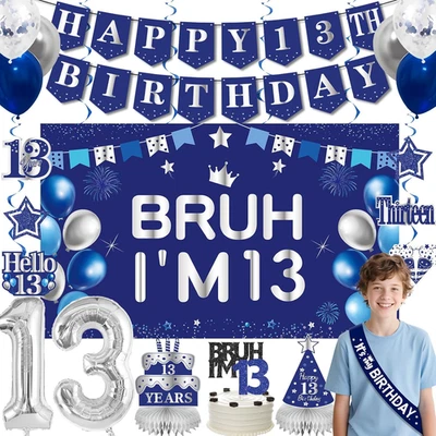 13-й день рождения украшения для мальчиков девочек мужчин, синий Sliver Bruh я 13 фон H - Изображение 1 из 4