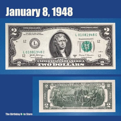 January 8, 1948 Birthday Anniversary $2 Two Dollar Bill Serial Number 01081948 - Image 1 of 2