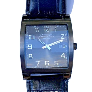 Kenneth Cole KC1814 Men's Square Black Leather Strap Quartz Wristwatch - Picture 1 of 11