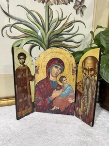 Virgen María Nuestra Señora del Perpetuo Socorro Jesús Ángeles Madera Tríptico Icono Santo - Imagen 1 de 11