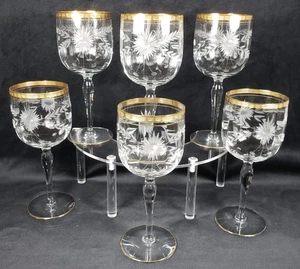 6 Vintage REAL Gold Rim Etched Floral Beveled Crystal Water Goblets Wine Glasses - Picture 1 of 12