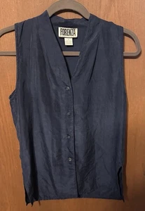 Vintage Forenza ärmellos Knopfleiste 100 % Seide dunkelblau Top Bluse Shirt Gr. S TubD5 - Bild 1 von 6