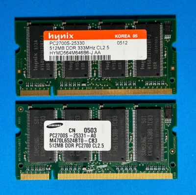 2X 512mb  (1GB) PC2700 (DDR 333)  hynix/samsung SODIMM laptop - vintage RAM - Image 1 of 2