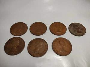 Vintage ELIZABETH II DEI GRATIA REGINA F D ONE PENNY (7COINS Asst Dates) - Picture 1 of 5