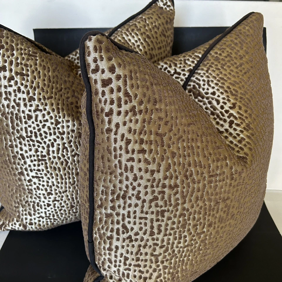 Throw 2 Pillow COVERS Lux 18" Modern Square Gold Brown Black Trim American Mills - Image 1 of 4