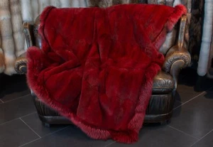 5380 Muskrat Fur Blanket with Fox Frame in Ferrari-Red Real Pelt Throw Fur Cover - Picture 1 of 9