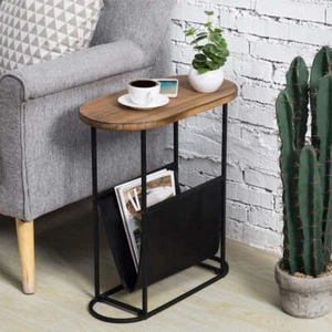 Burnt Wood Tabletop and Black Metal Oval-Shaped Side Table with Magazine Holder - Picture 1 of 6