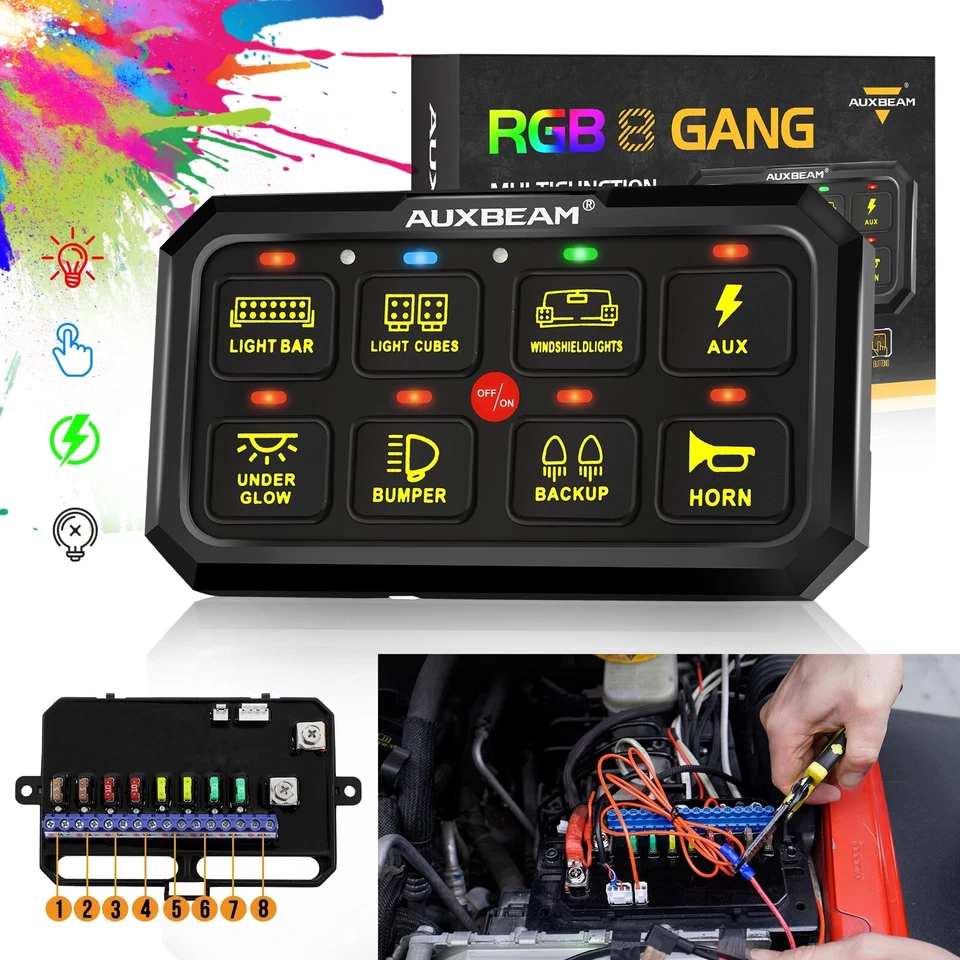 AUXBEAM RA80 8 velocidades XL RGB panel grande interruptor panel relé sistema camión 12V-24V Foto 1 de 4