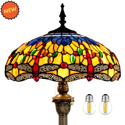 Tiffany Style Floor Lamp Stained Glass Dragonfly Vintage Bedside Reading Light - Image 1 of 4