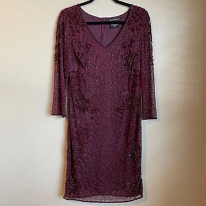 Pisarro Nights Beaded V-Neck Cocktail Dress Women's 10 Plum 3/4 Sleeve Wedding - Picture 1 of 17