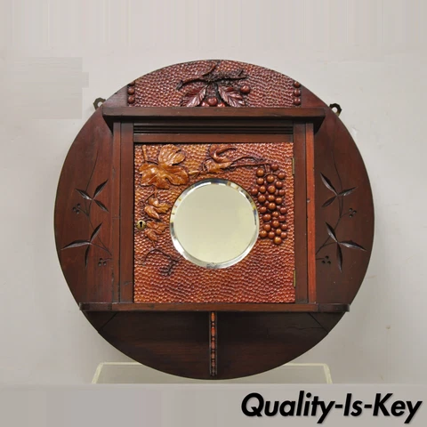 Antique Victorian Black Forest Carved Round Wall Mirror Curio Cabinet Cover
