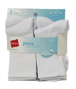 Hanes Premium Girls' Pure 5pk Crew Socks White - Size M-Shoe Size (10.5 - 4) - Picture 1 of 4